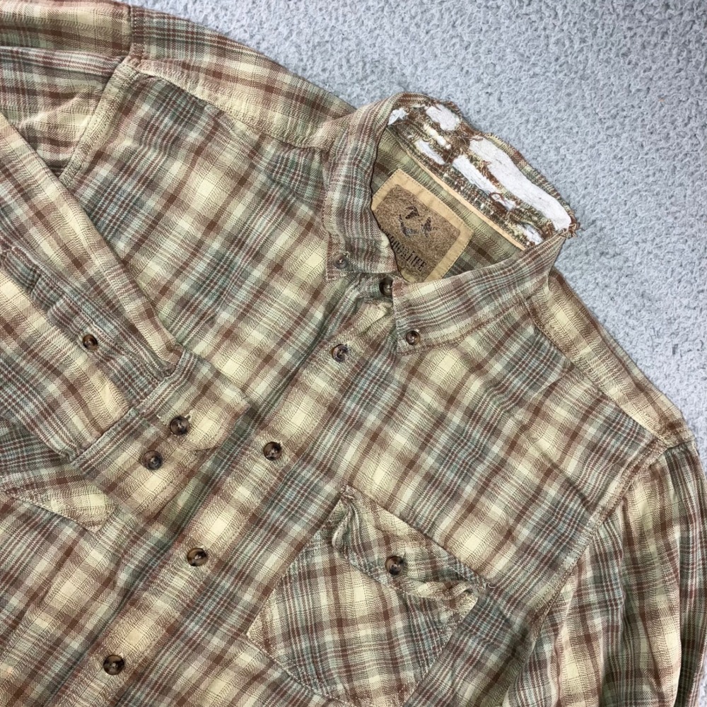 Vtg Outdoor Life Flannel Shirt Mens XL Brown Plaid Distressed Grunge Work Punk